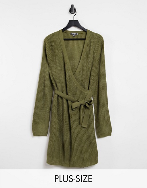 Missguided Plus knitted wrap dress with belt in khaki