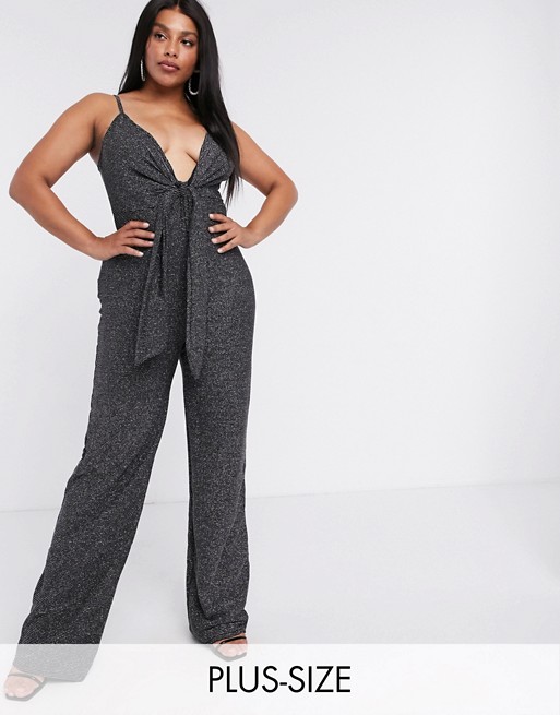 Missguided Plus knot front jumpsuit in black glitter