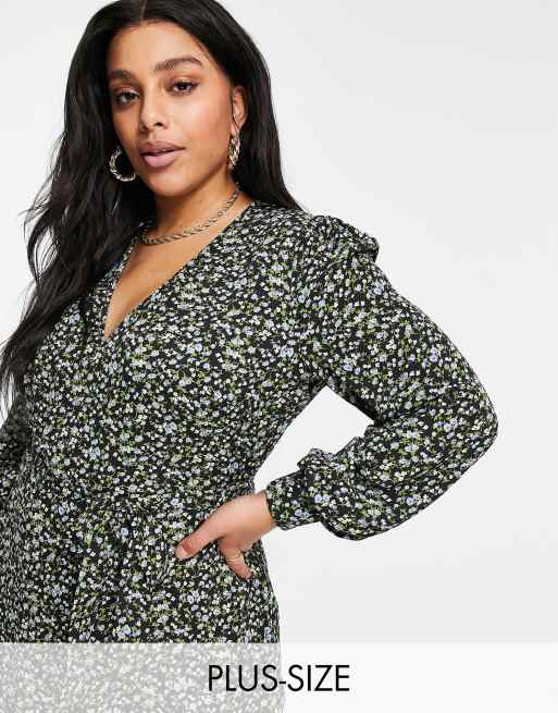 Missguided Plus – Kopertowa sukienka midaxi z dekoltem w szpic i drobnym wzorem
