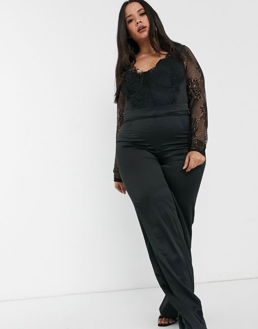 Plus Size Black Long Sleeve Lace Bodysuit, Black from Missguided on 21  Buttons