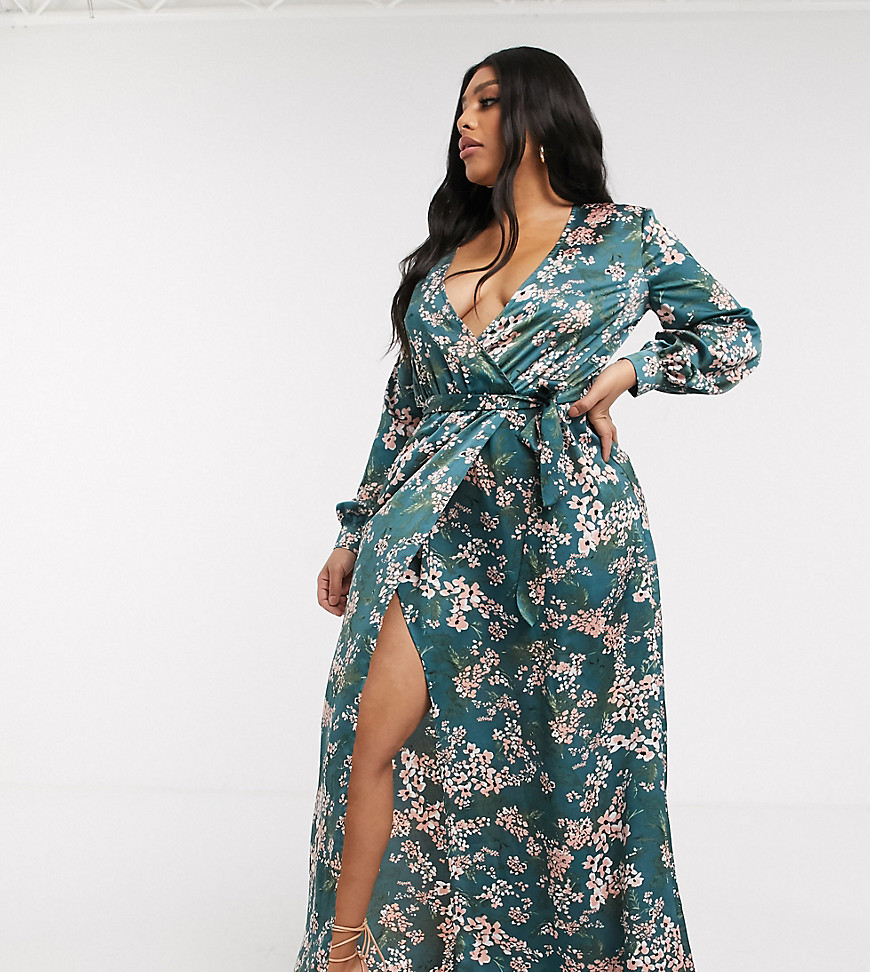 Missguided Plus - Lange diepuitgesneden jurk met bloemenprint-Multi