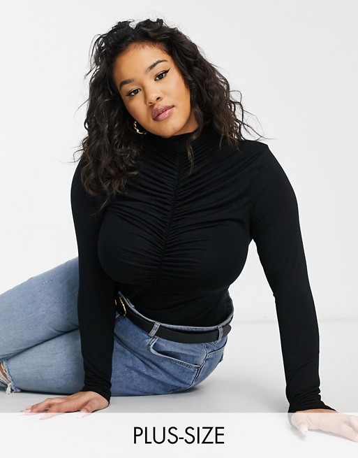 Missguided Plus long sleeve bodysuit with ruched front in black