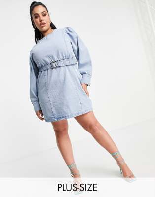 Missguided Plus Missguided Plus long sleeve denim dress with belt in blue
