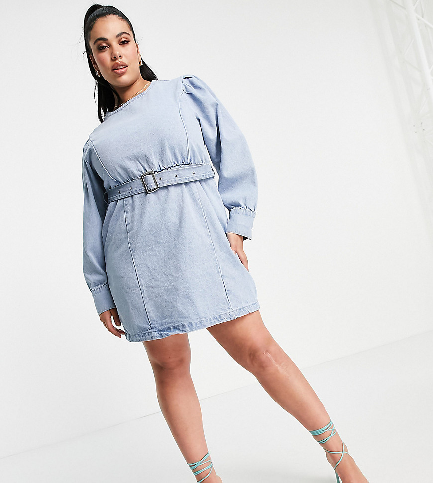 Missguided Plus long sleeve denim dress with belt in blue-Blues