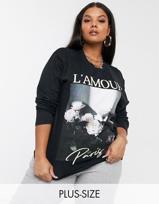 Missguided Plus long sleeve t-shirt with Paris print in black
