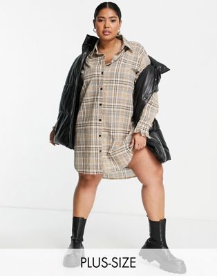 Missguided Plus longline check shirt dress in sand