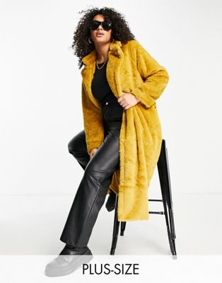 Missguided Plus longline faux fur coat in mustard