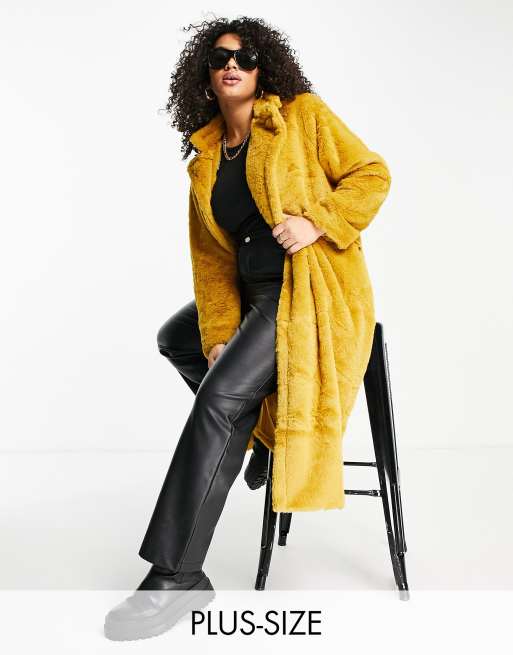 Missguided Plus longline faux fur coat in mustard | ASOS