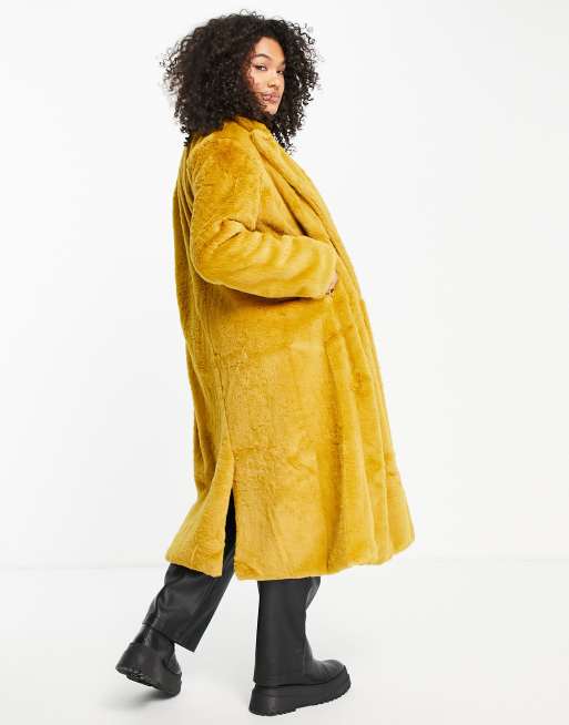 Faux Fur Trim Vintage Flower Coat - Luxury Yellow