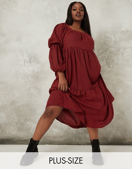 Missguided Plus maxi smock dress in red dogtooth print