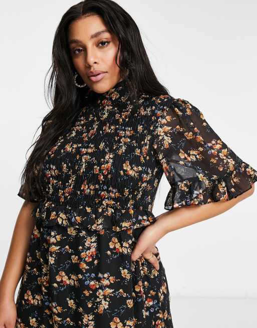 Missguided Plus midi dress wih high neck in black floral ASOS