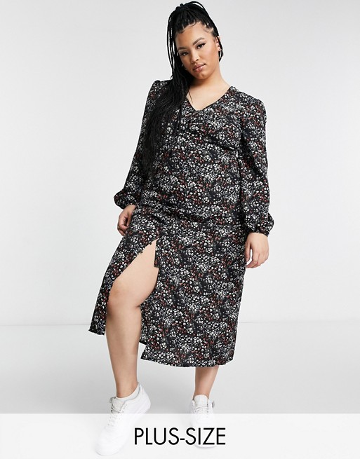 Missguided Plus midi dress with button front in black floral