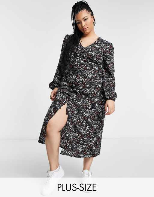 Missguided Plus Midi Dress With Button Front In Black Floral Asos