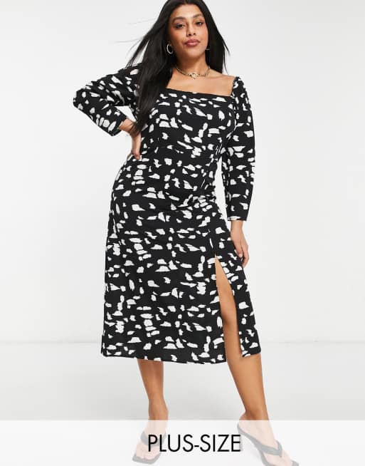 Missguided Plus - Midi-jurk met vierkante hals en zwarte dalmatiërprint