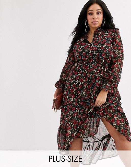 Missguided Plus midi smock dress with frill neck in floral print