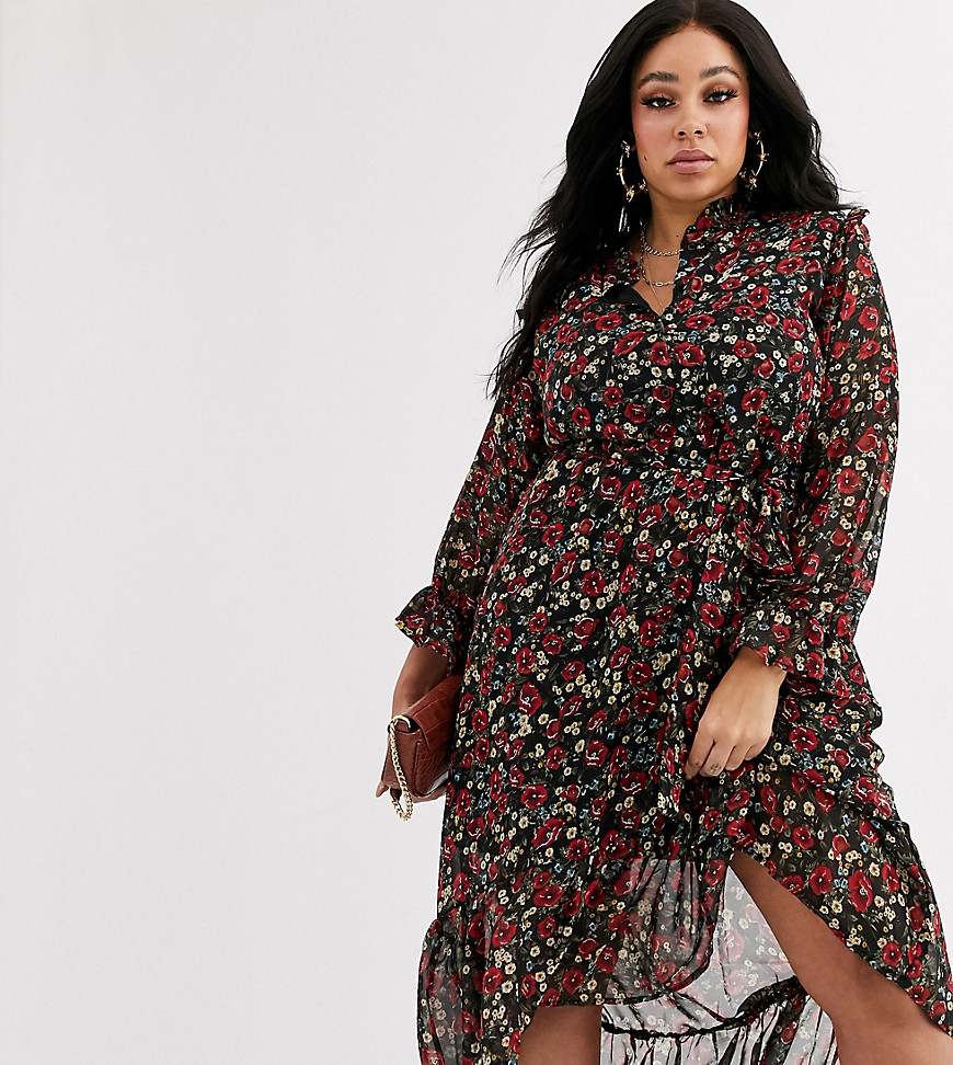 Missguided Plus midi smock dress with frill neck in floral print-Multi