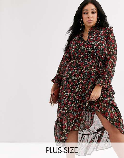 Missguided - Plus - Midi-smockkjole med frynsehals og blomsterprint