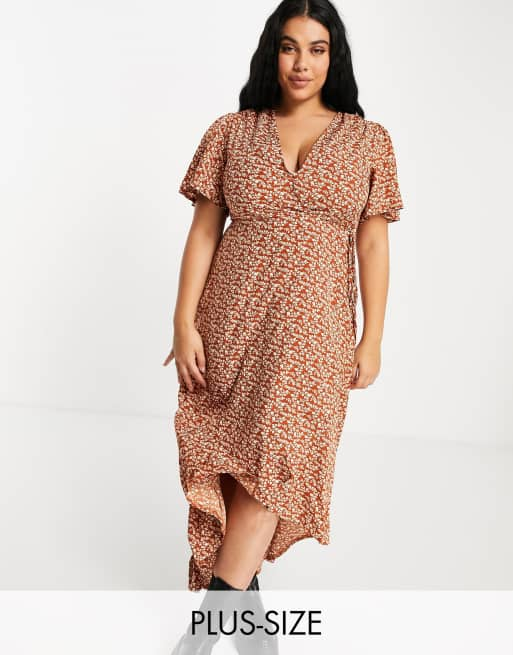 Missguided Plus midi wrap dress with high low hem in rust