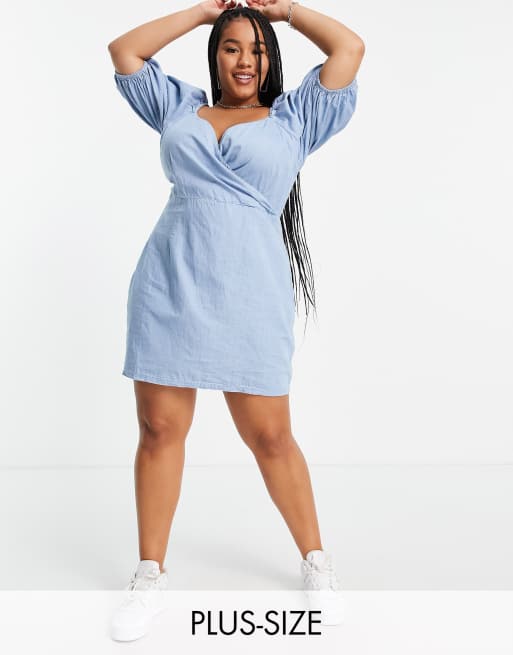 Missguided Plus milkmaid dress with balloon sleeves in blue chambray