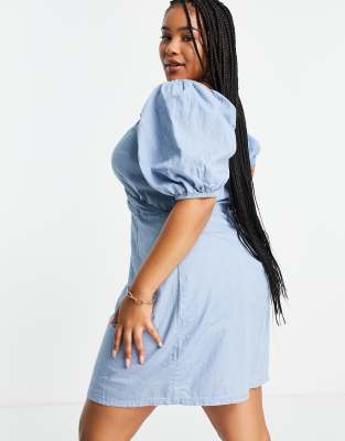 Missguided Plus milkmaid dress with balloon sleeves in blue chambray | ASOS