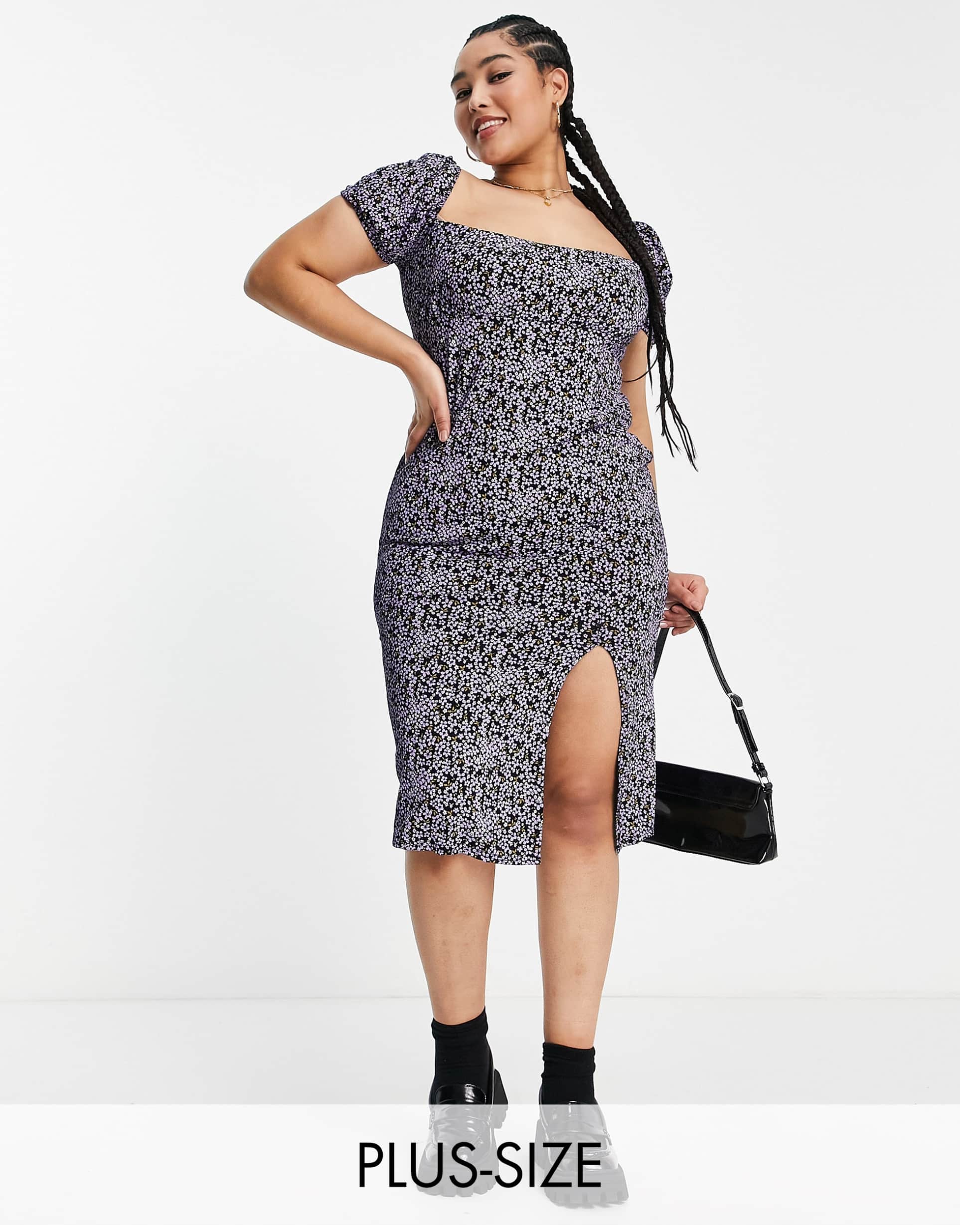 missguided plus milkmaid midi dress in purple floral