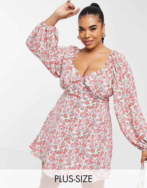 Missguided Plus milkmaid skater dress in orange floral | ASOS