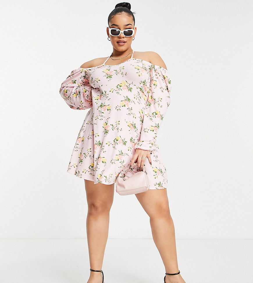 Missguided Plus milkmaid skater dress in pink floral