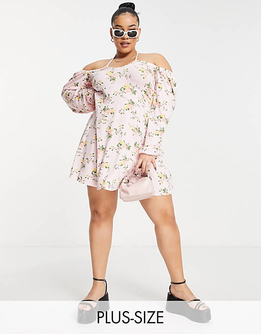 Women Missguided Plus milkmaid skater dress in pink floral 