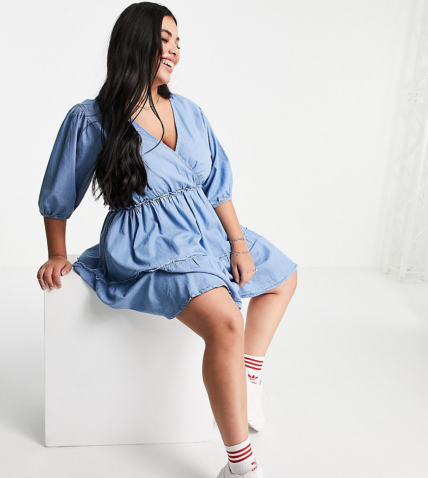 Missguided Plus mini dress with balloon sleeves in blue chambray