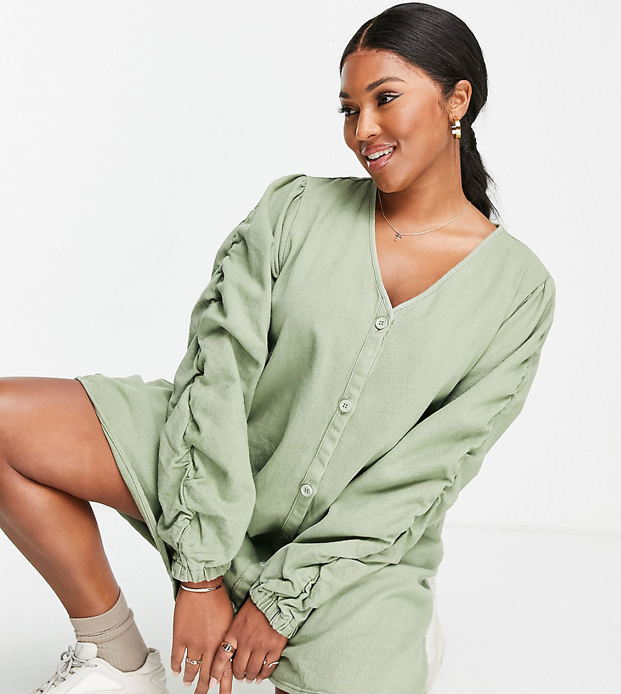 Missguided Plus mini dress with button front in khaki-Green