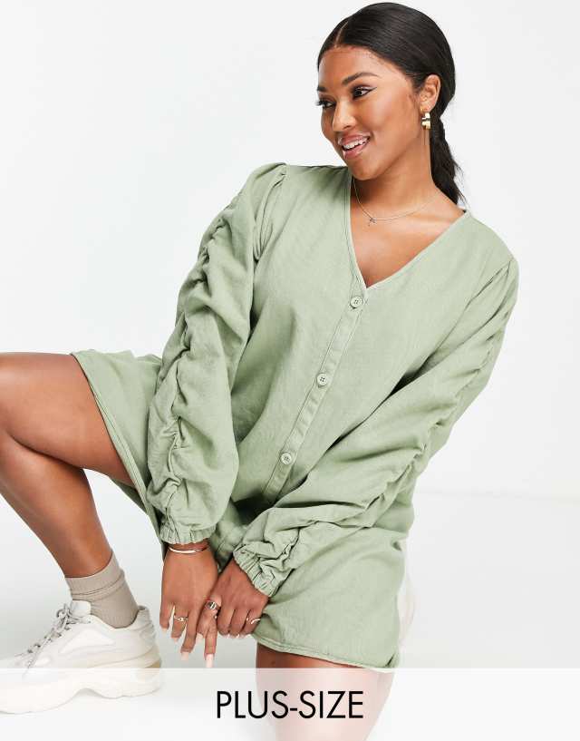 Missguided Plus mini dress with button front in khaki