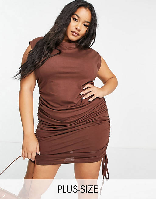 Missguided Plus mini dress with ruched side in chocolate