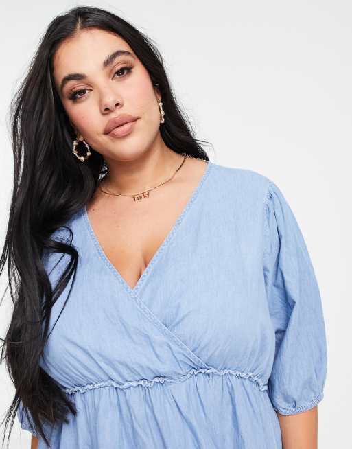 Missguided Plus - Mini jurk met ballonmouwen in blauwe chambray, 3 van 4
