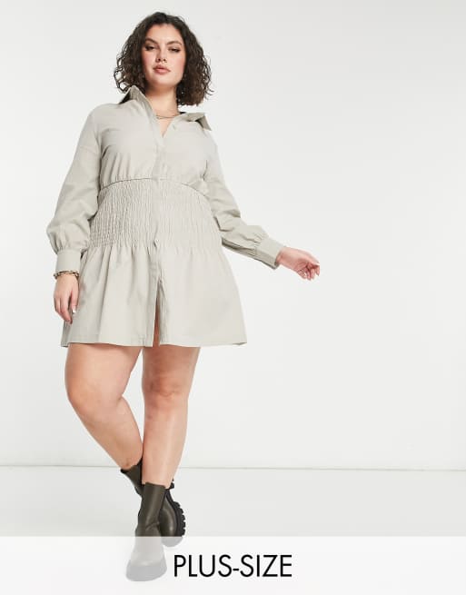 Missguided Plus mini shirt dress with shirred panel in stone | ASOS