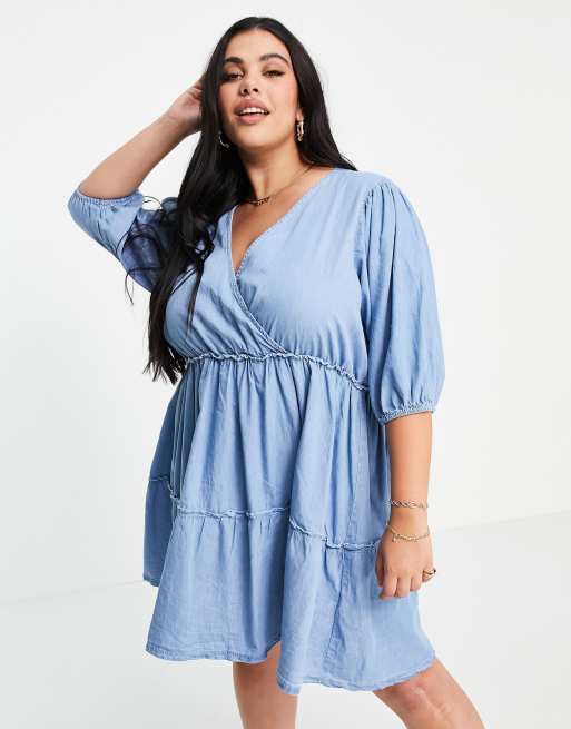 Missguided Plus – Niebieska sukienka mini z tkaniny chambray z obszernymi rękawami, 4 z 4