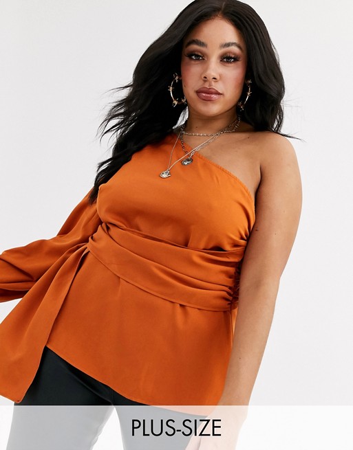 Missguided Plus one shoulder wrap drape top in rust