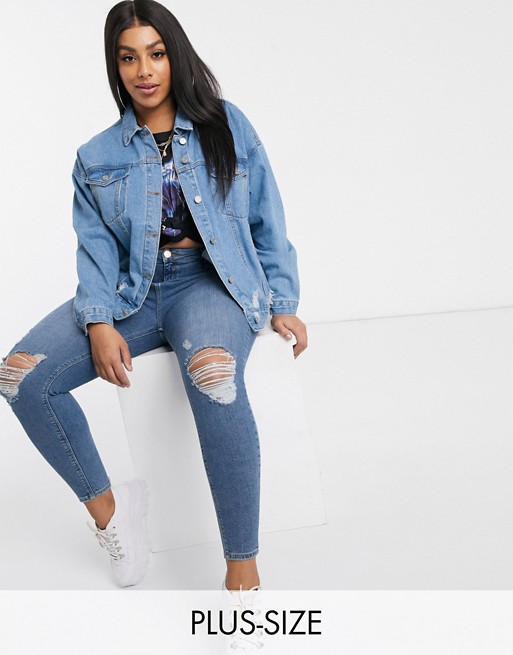 Missguided Plus oversized denim jacket with rips in blue