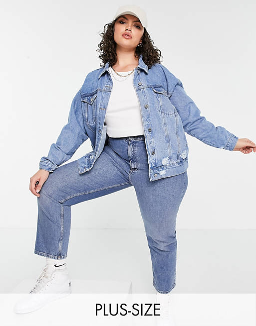 Women Missguided Plus oversized denim jacket with rips in blue 