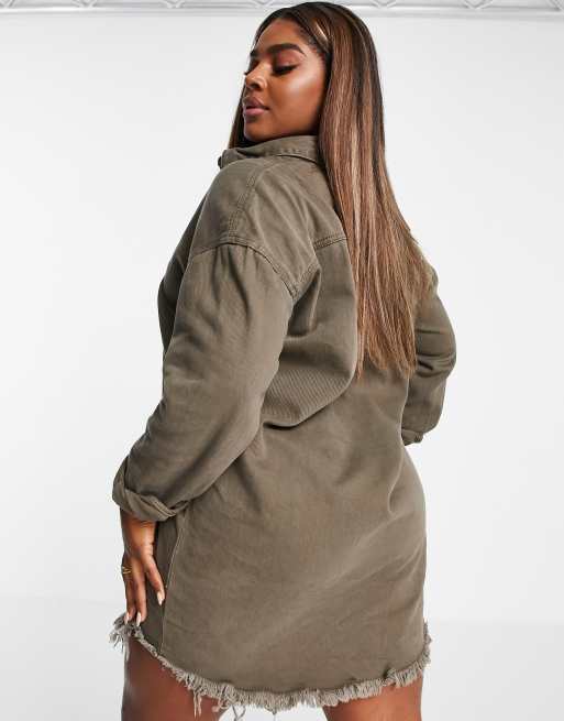 missguided oversized denim shirt dress Missguided Plus oversized denim shirt dress in khaki