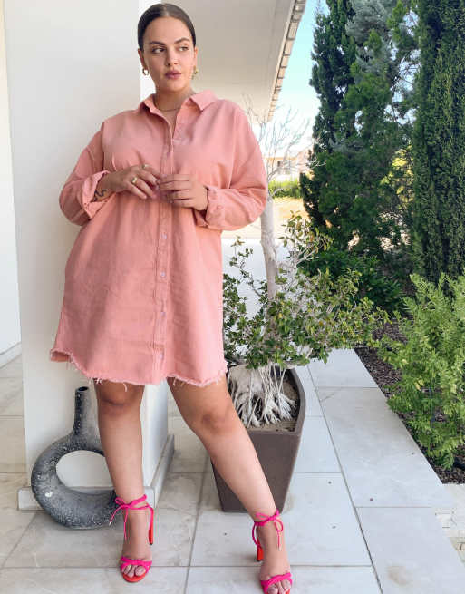 Missguided Plus oversized denim shirt dress in pink