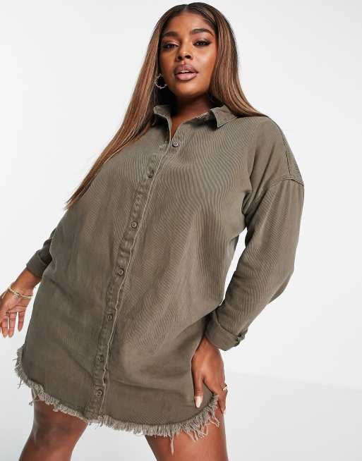 Missguided Plus - Oversized overhemdjurk van denim in kaki, 4 van 4