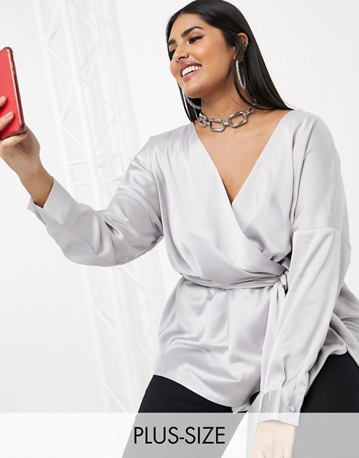 Missguided plus oversized plunge tie waist blouse in silver
