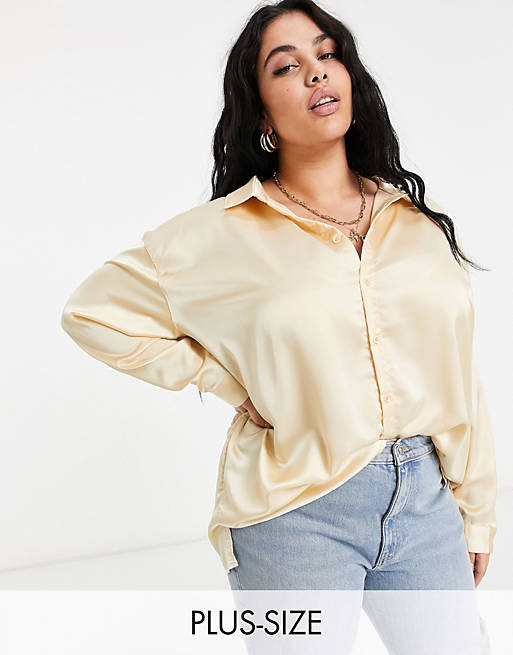 Missguided Plus oversized satin shirt in beige