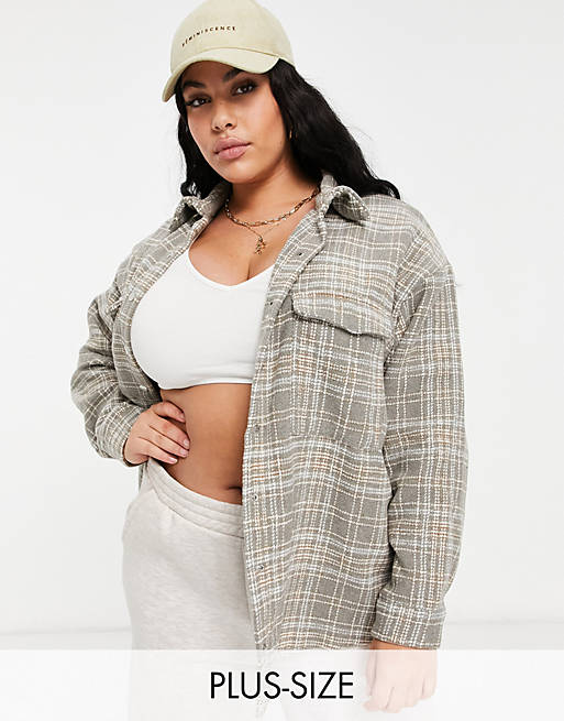 Missguided Plus oversized shacket in gray plaid | ASOS