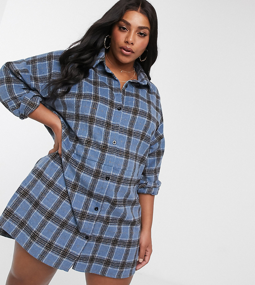 Missguided Plus oversized shirt dress in brushed check-Blue