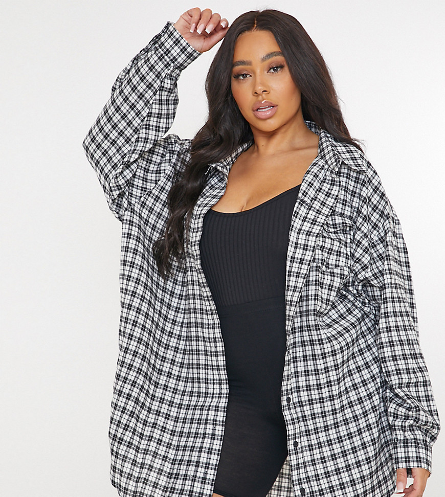 Missguided Plus oversized shirt in black micro check