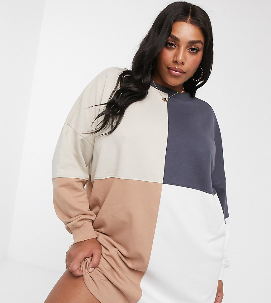 Missguided Plus oversized sweatshirt dress in colour block-Beige