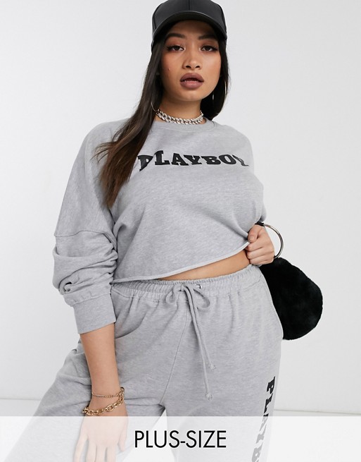 Missguided Plus Playboy co-ord sweatshirt in grey
