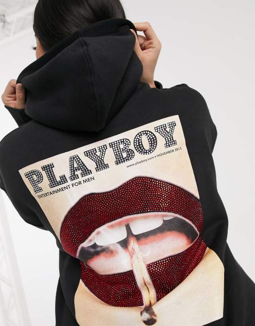 Missguided Plus Playboy magazine graphic hoodie dress in black