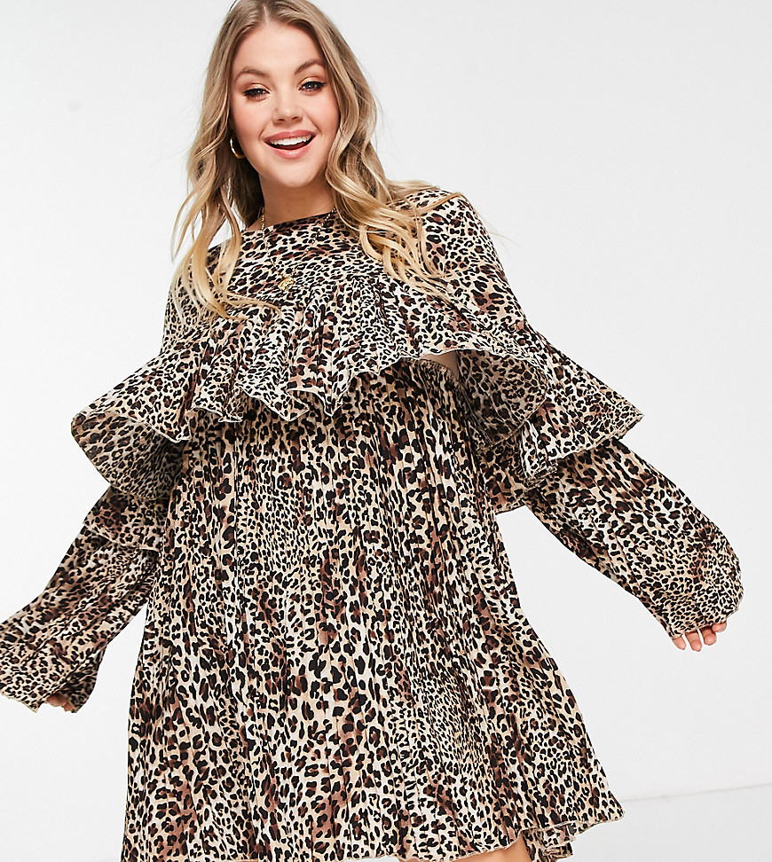 Missguided Plus pleated smock dress in leopard print-Multi